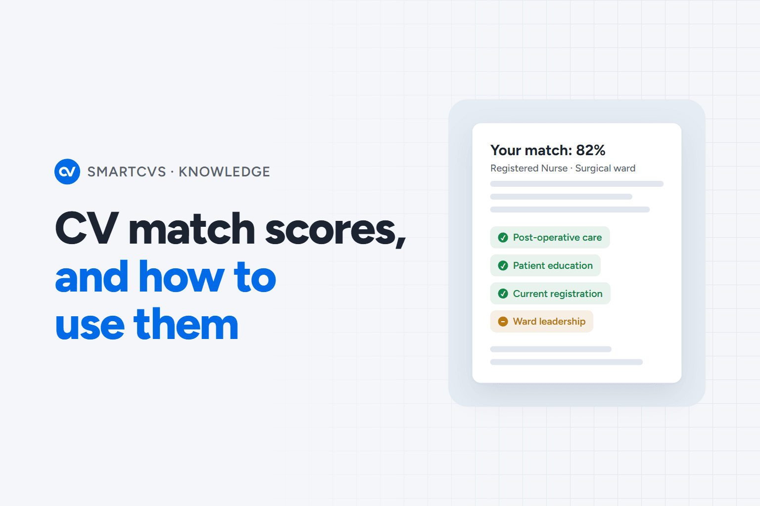 The title CV match scores, and how to use them, beside a card showing an 82% match with the job's requirements ticked