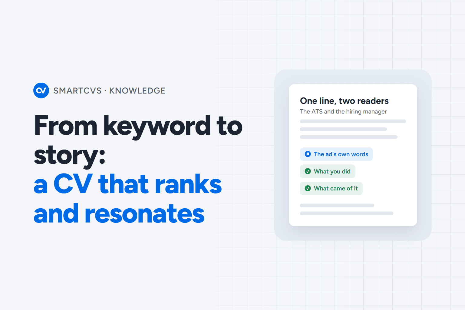 The title From keyword to story: a CV that ranks and resonates, beside a card showing what makes one strong CV line