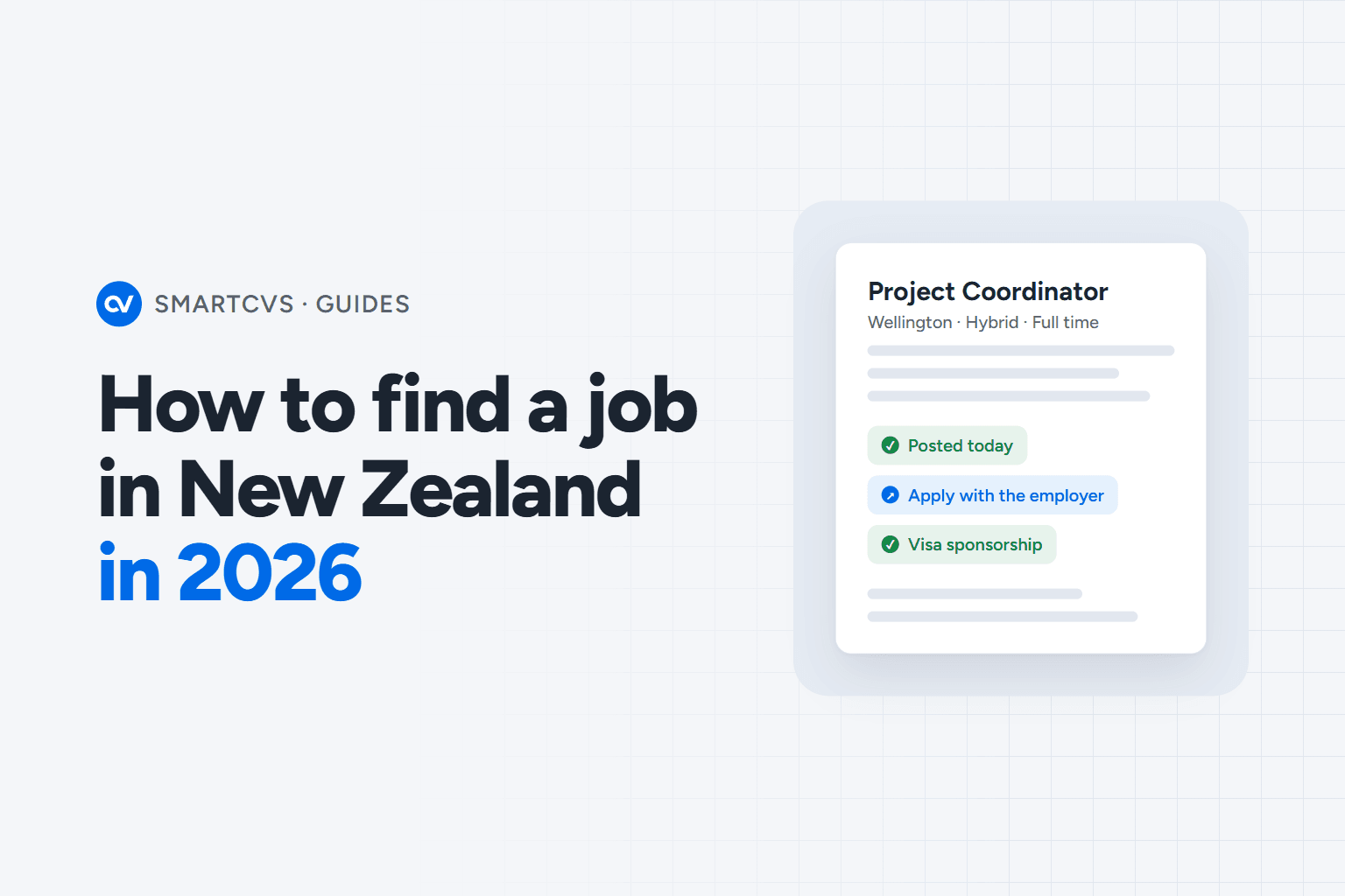 The title How to find a job in New Zealand in 2026 beside a job card for a project coordinator in Wellington, hybrid and full time, marked posted today, apply with the employer and visa sponsorship