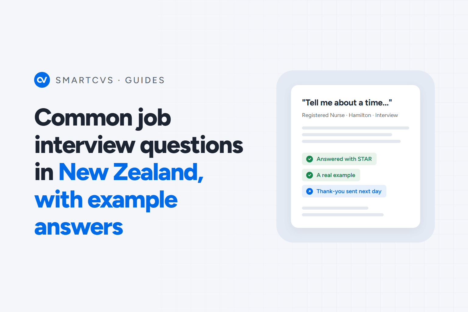 The title Common job interview questions in New Zealand, with example answers, beside an interview card for a registered nurse role in Hamilton asking Tell me about a time, marked answered with STAR, a real example and a thank-you sent the next day