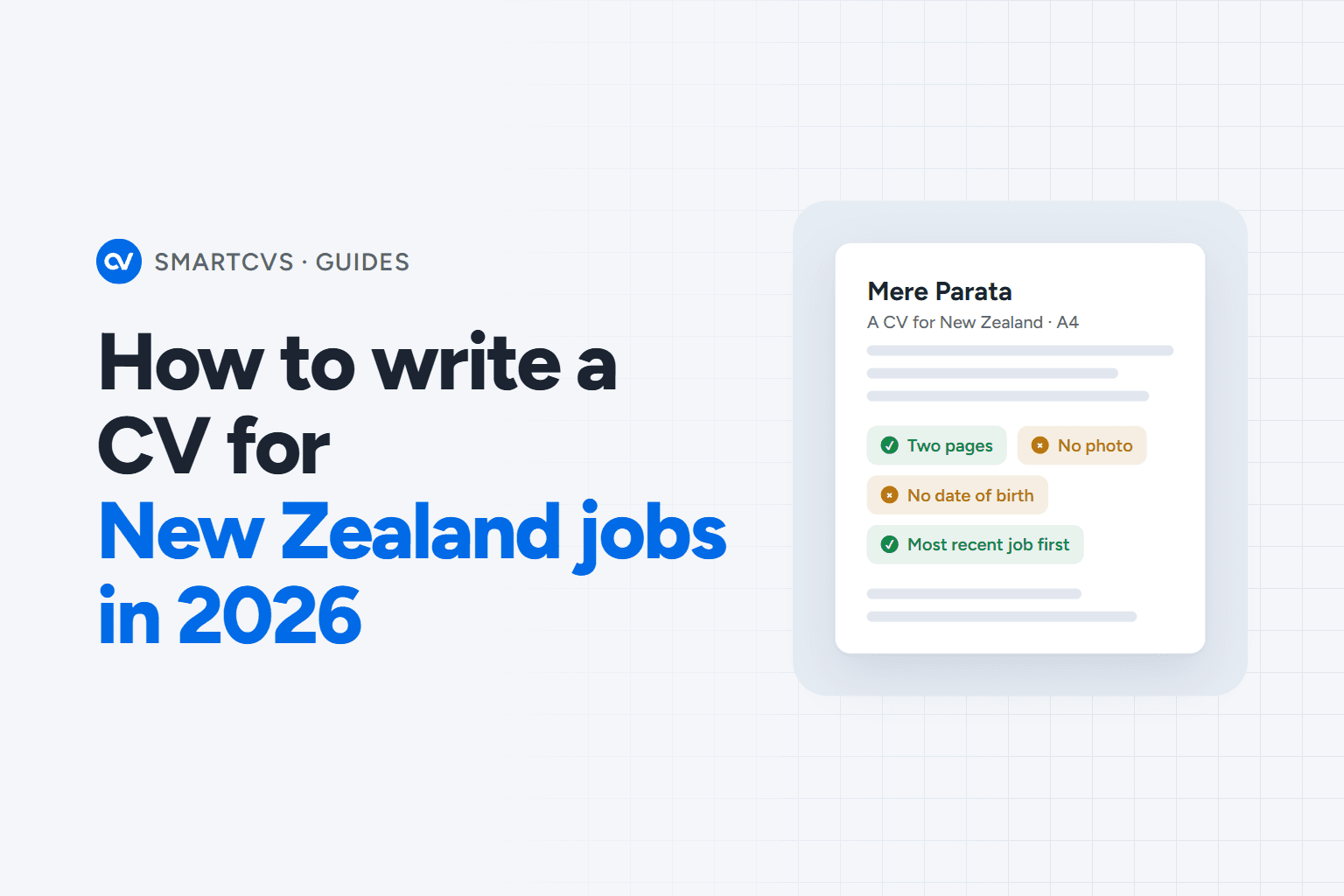 The title How to write a CV for New Zealand jobs in 2026 on a clean SmartCVs brand background