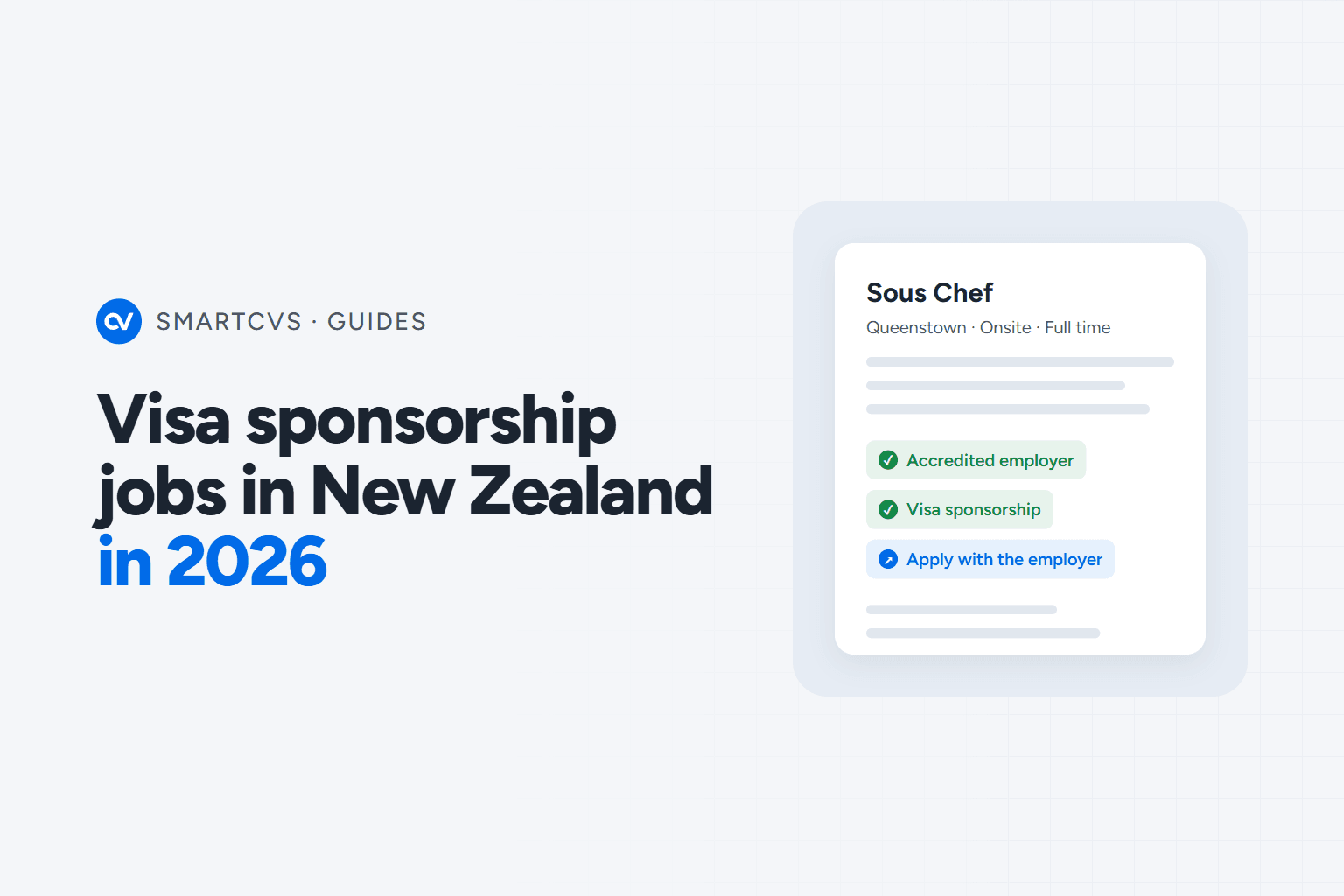 The title Visa sponsorship jobs in New Zealand in 2026 beside a job card for a sous chef in Queenstown, onsite and full time, marked accredited employer, visa sponsorship and apply with the employer