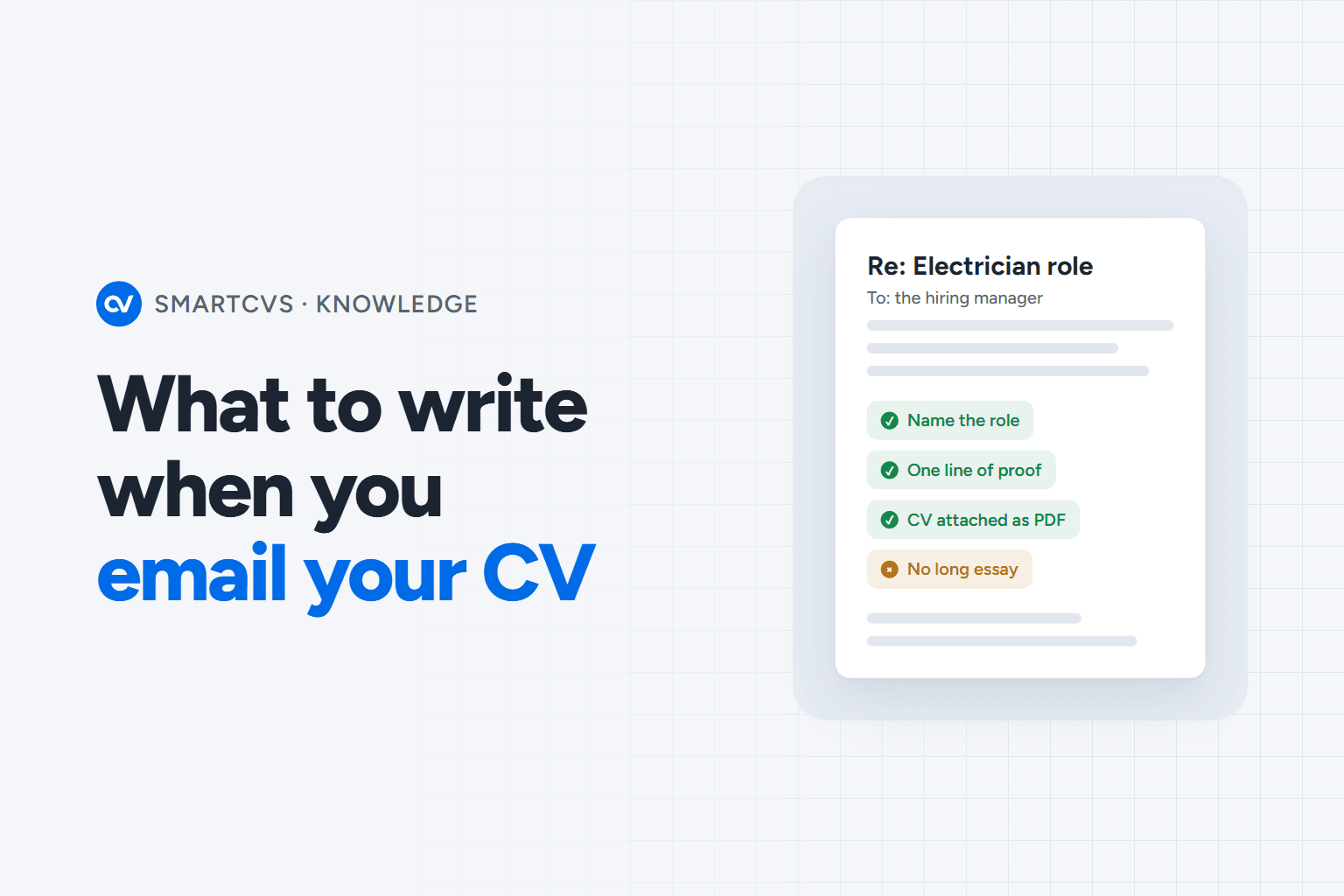 The title What to write when you email your CV, beside an email card listing what to include